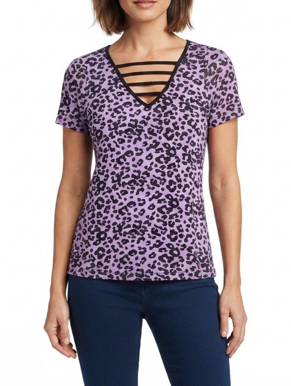 Purple Leopard Print V-Neck Short Sleeve Top